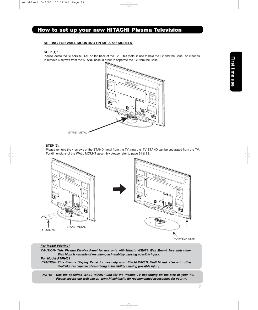 Hitachi P50H401, P55H401 important safety instructions Setting for Wall Mounting on 50 & 55 Models, Step 