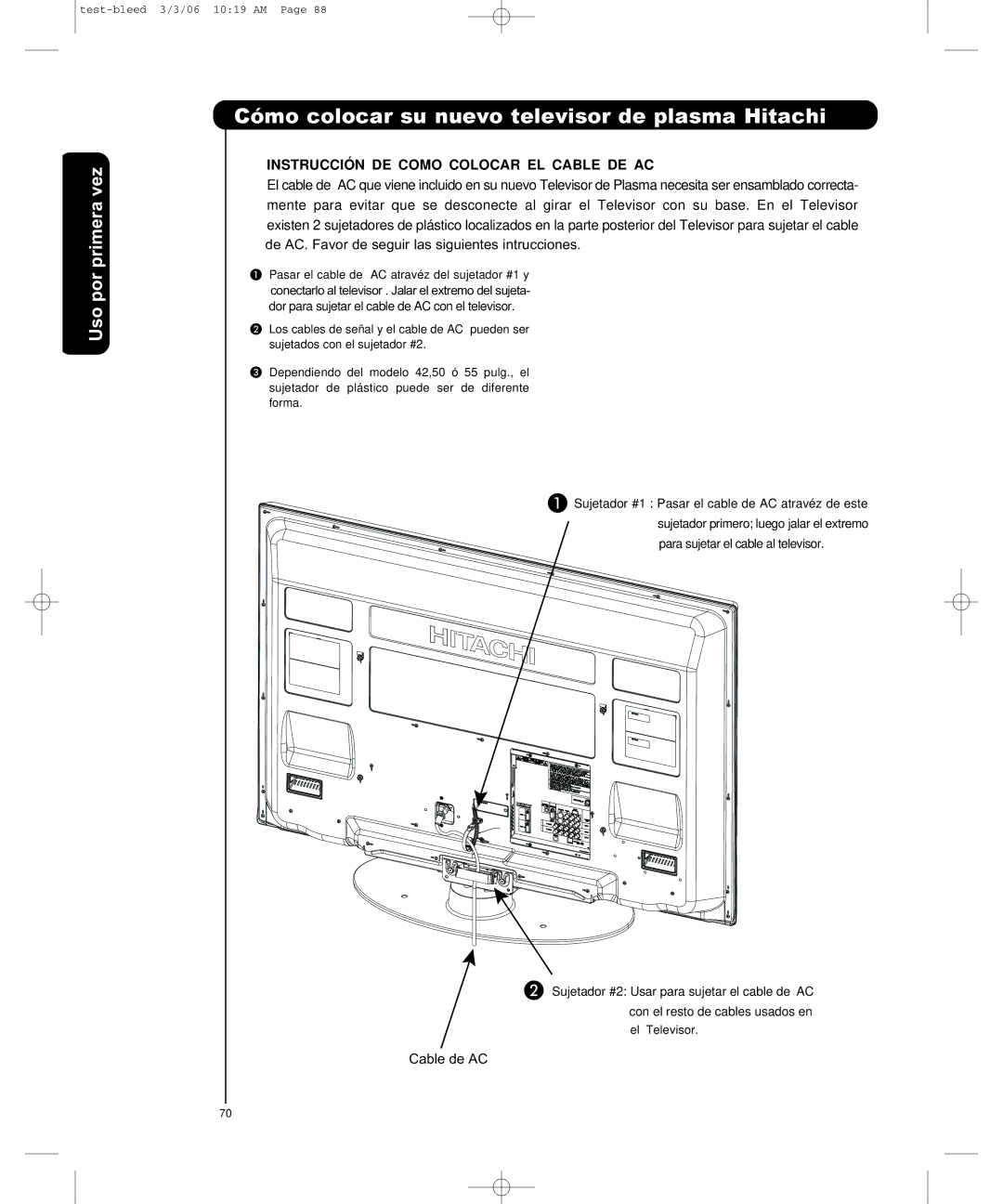 Hitachi P50H401, P55H401 important safety instructions Instrucción DE Como Colocar EL Cable DE AC 