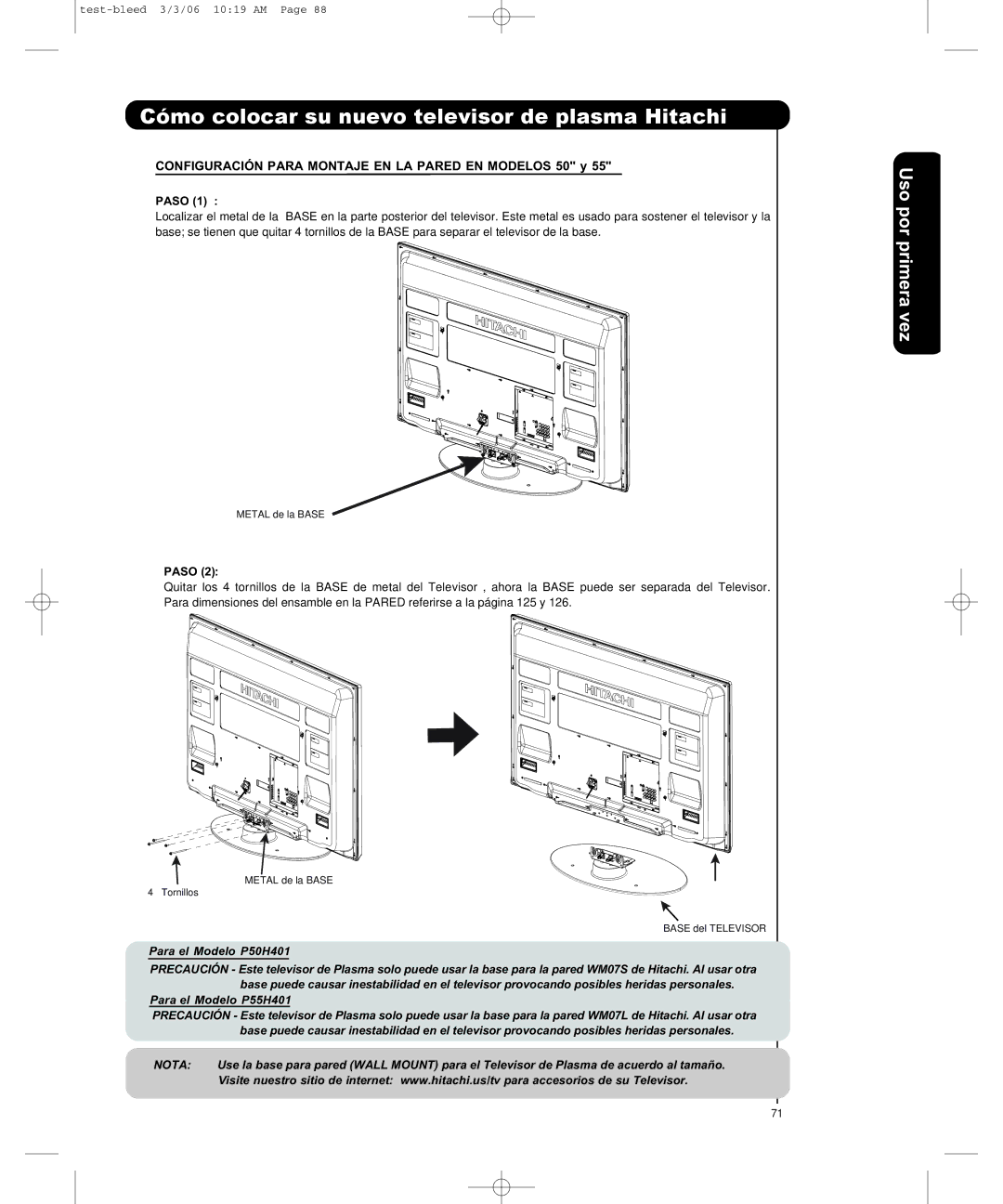 Hitachi P50H401, P55H401 important safety instructions Usra po primer vez, Paso 