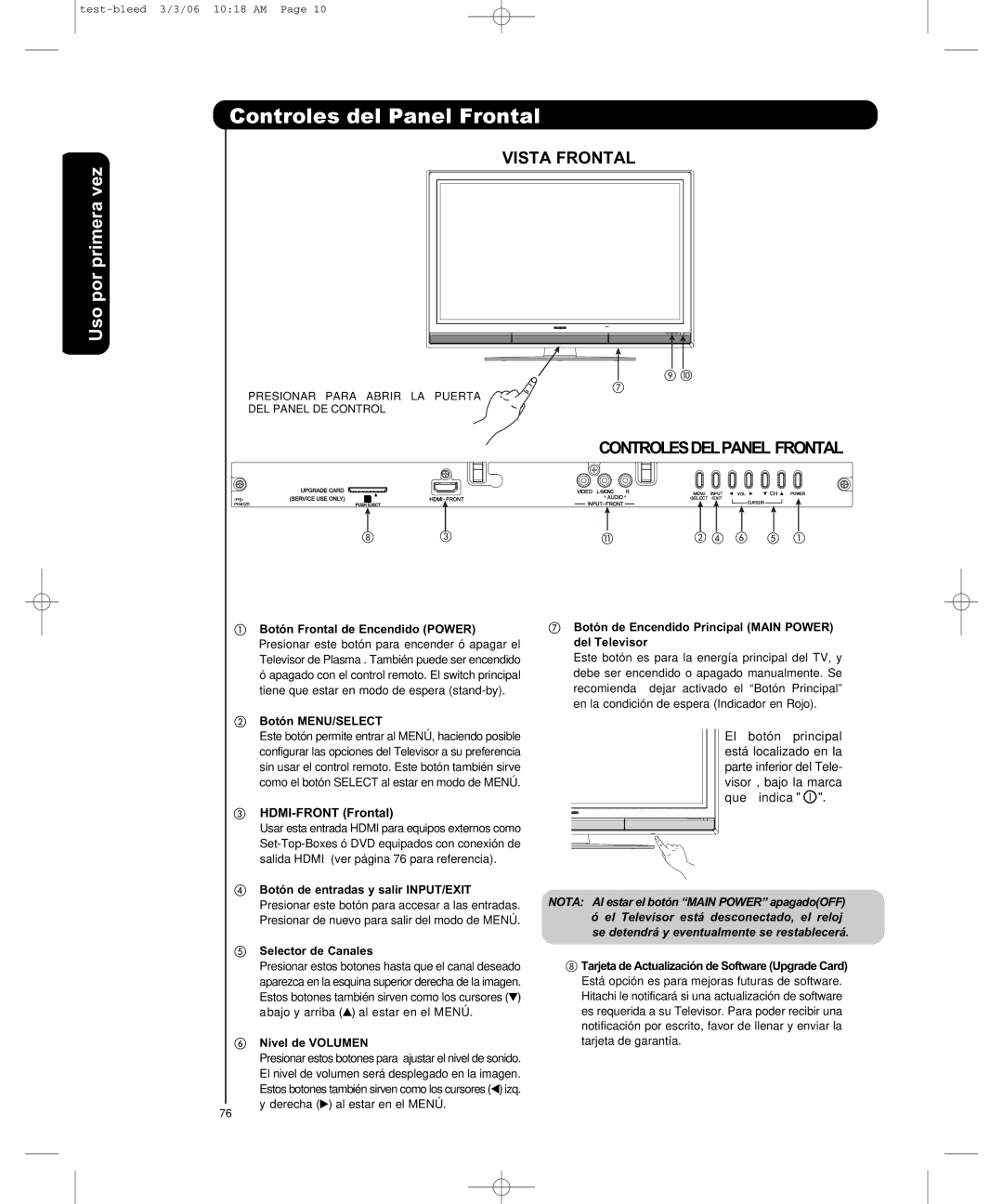 Hitachi P50H401, P55H401 important safety instructions Controles del Panel Frontal 