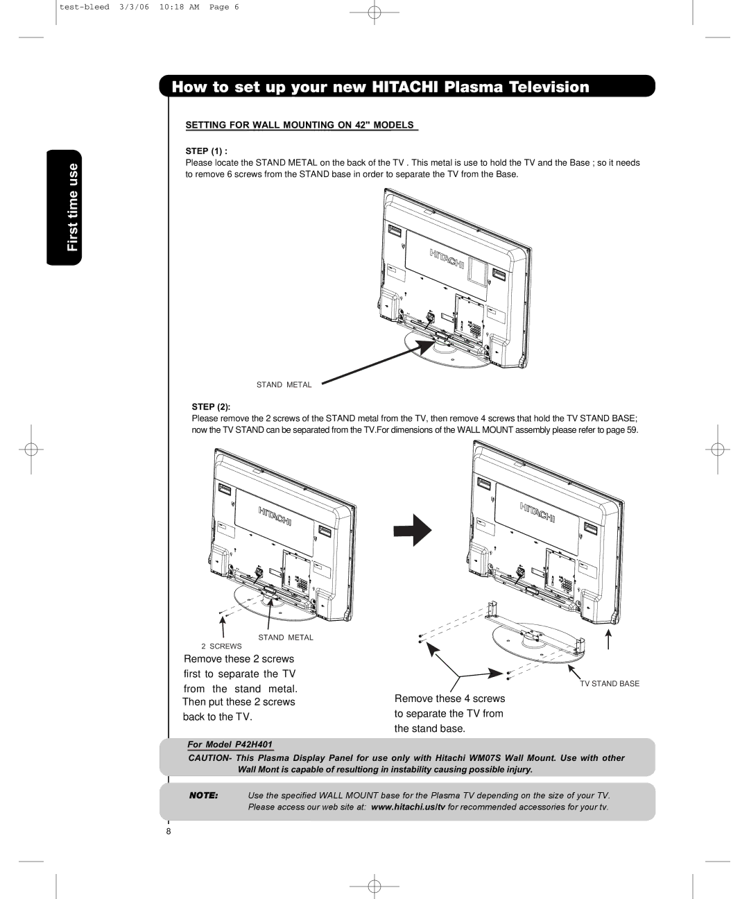 Hitachi P50H401, P55H401 important safety instructions Remove these 2 screws First to separate the TV 