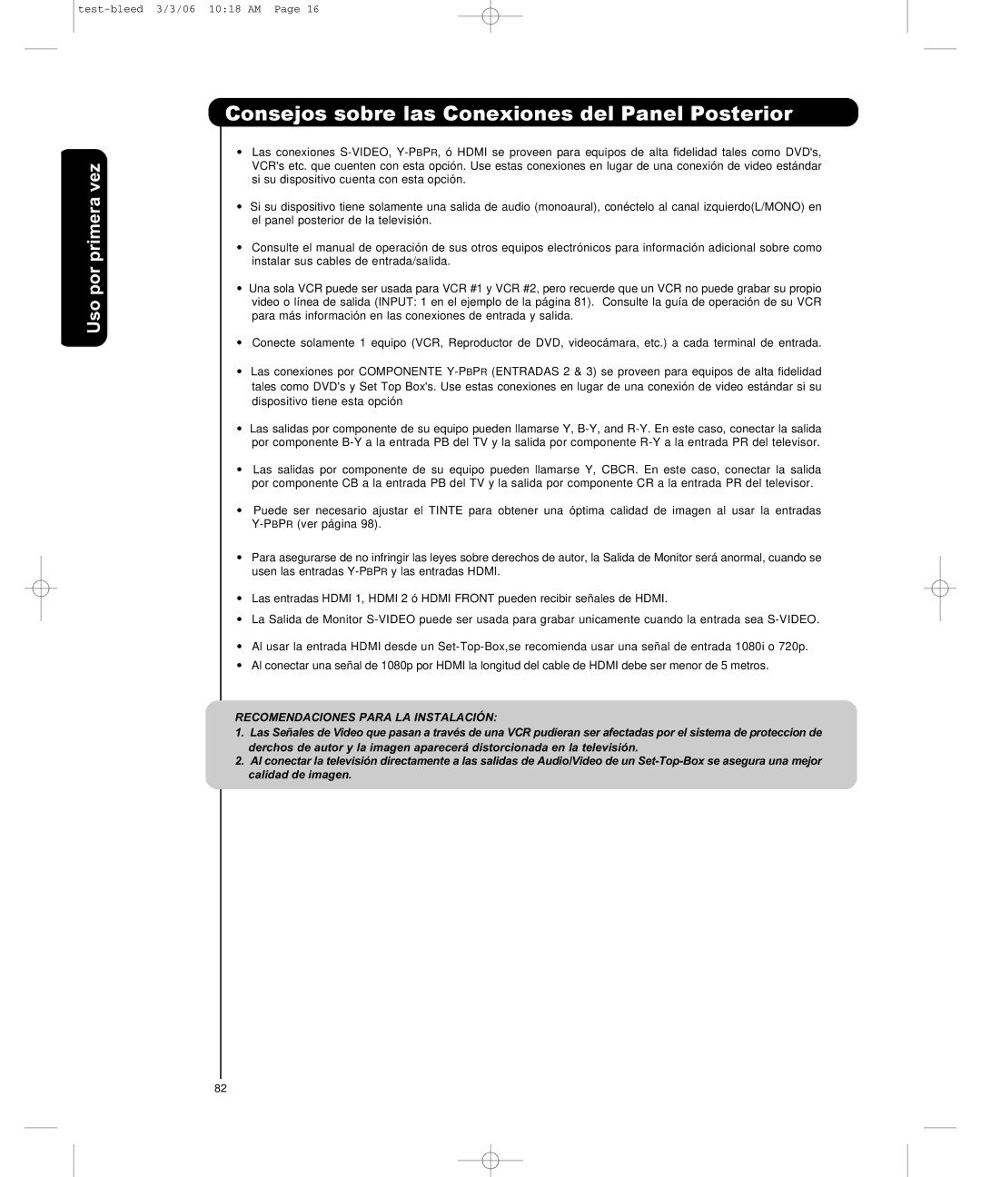 Hitachi P50H401, P55H401 Consejos sobre las Conexiones del Panel Posterior, Recomendaciones Para LA Instalación 