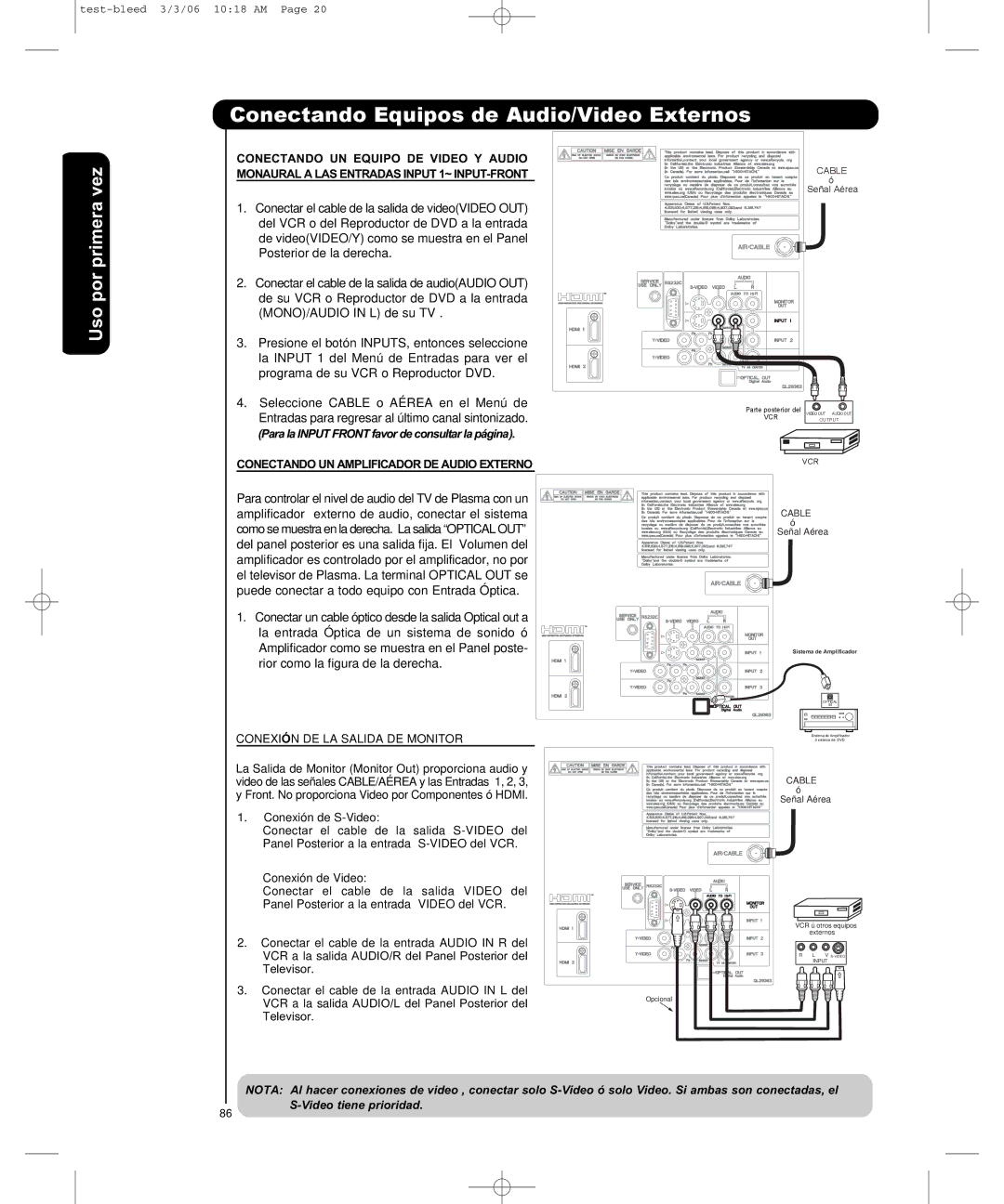 Hitachi P50H401, P55H401 Conectando UN Amplificador DE Audio Externo, Conexión DE LA Salida DE Monitor 