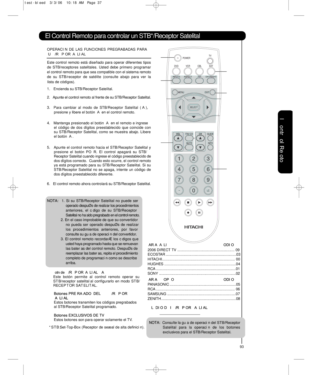 Hitachi P50H401, P55H401 El Control Remoto para controlar un STB*/Receptor Satelital, Marca Satelite Codigos 