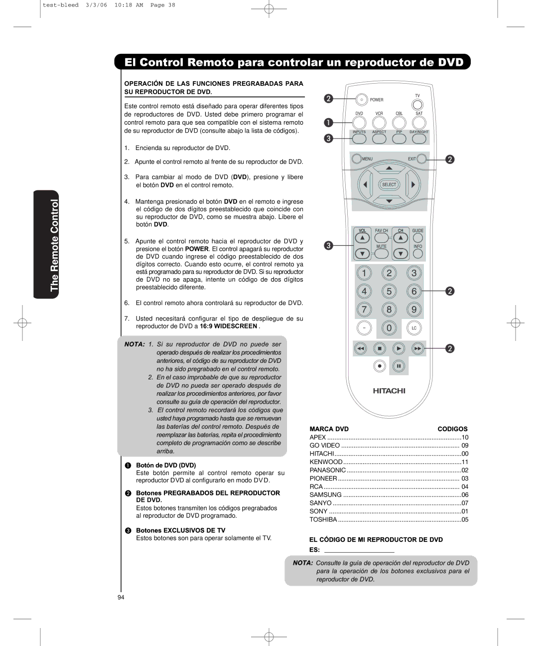 Hitachi P50H401, P55H401 El Control Remoto para controlar un reproductor de DVD, EL Código DE MI Reproductor DE DVD 