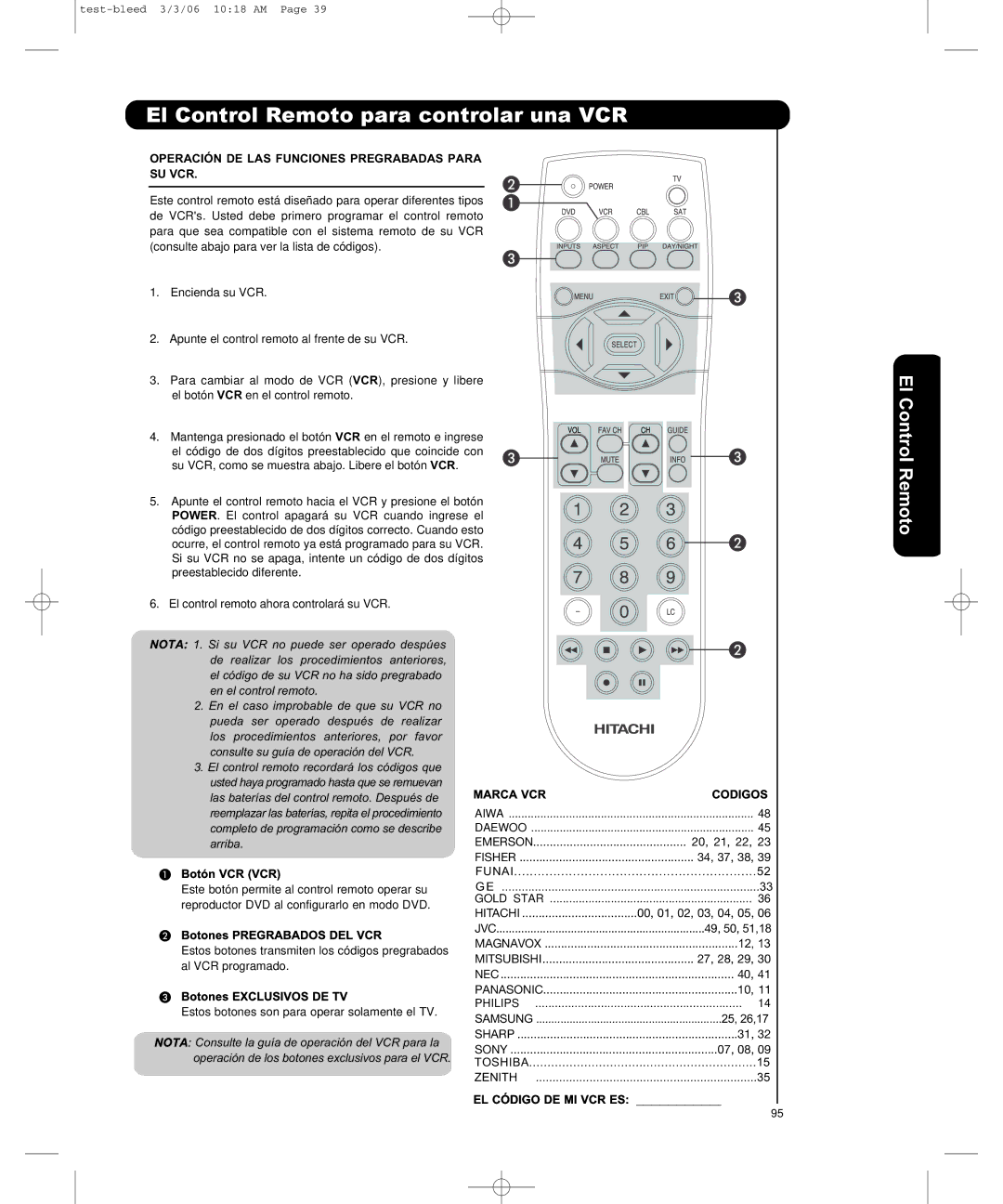 Hitachi P50H401, P55H401 El Control Remoto para controlar una VCR, Rl E Contl ol Remoto, Marca VCR Codigos 