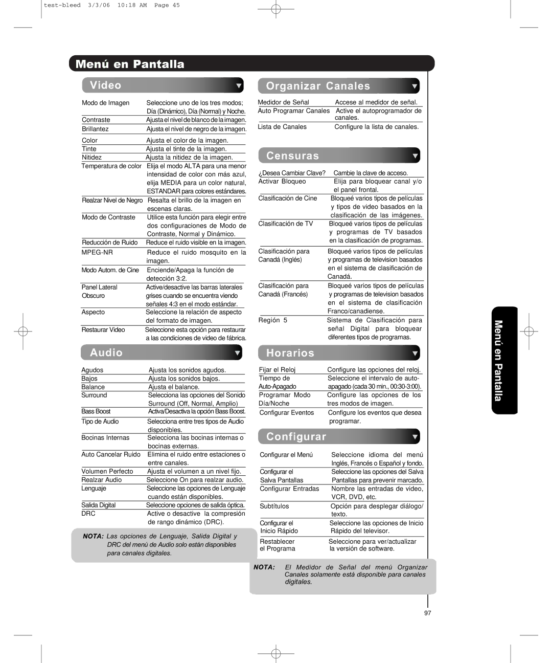 Hitachi P50H401, P55H401 important safety instructions Menú, En Pantalla 