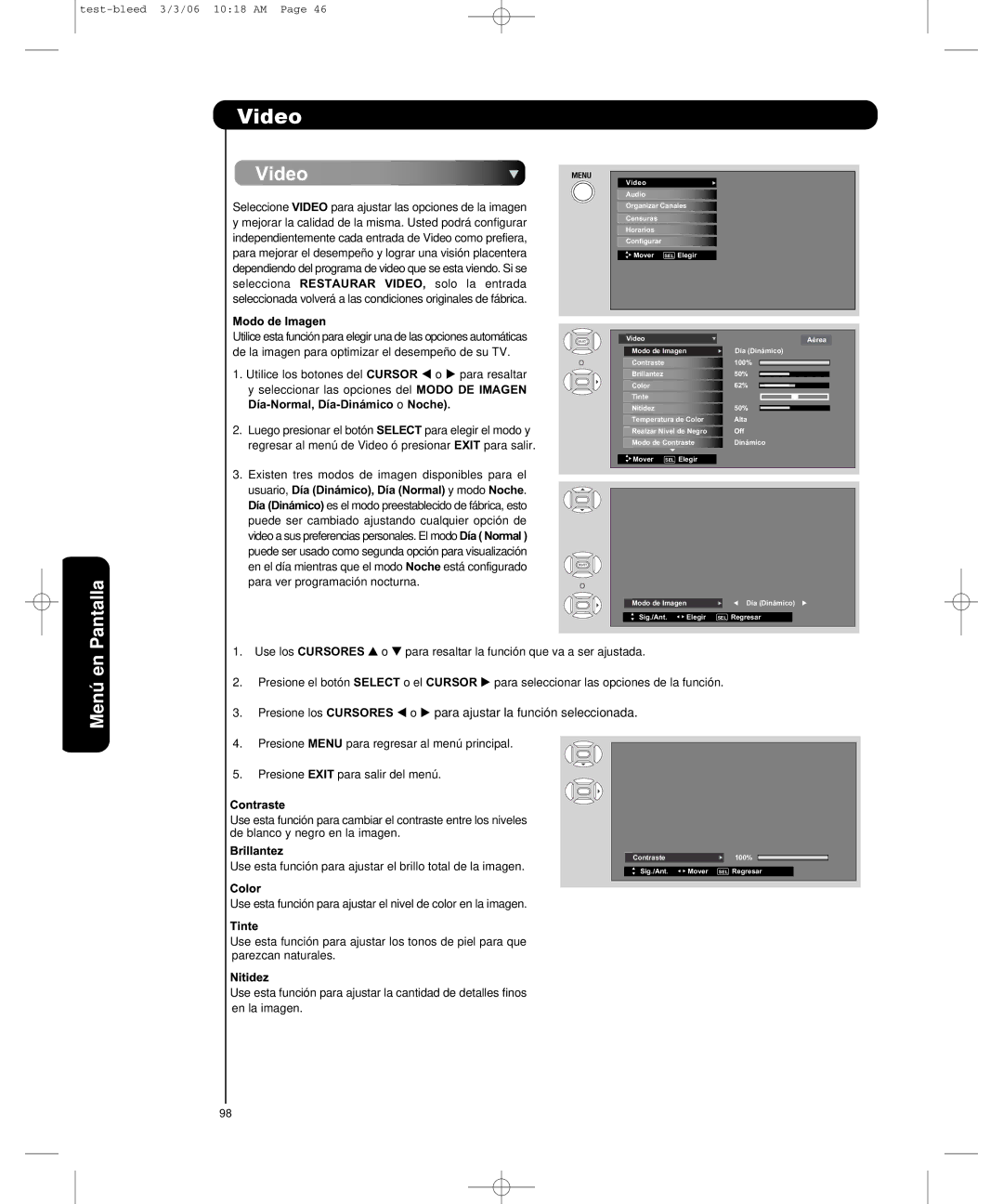 Hitachi P50H401, P55H401 important safety instructions Pantalla, Menú en 