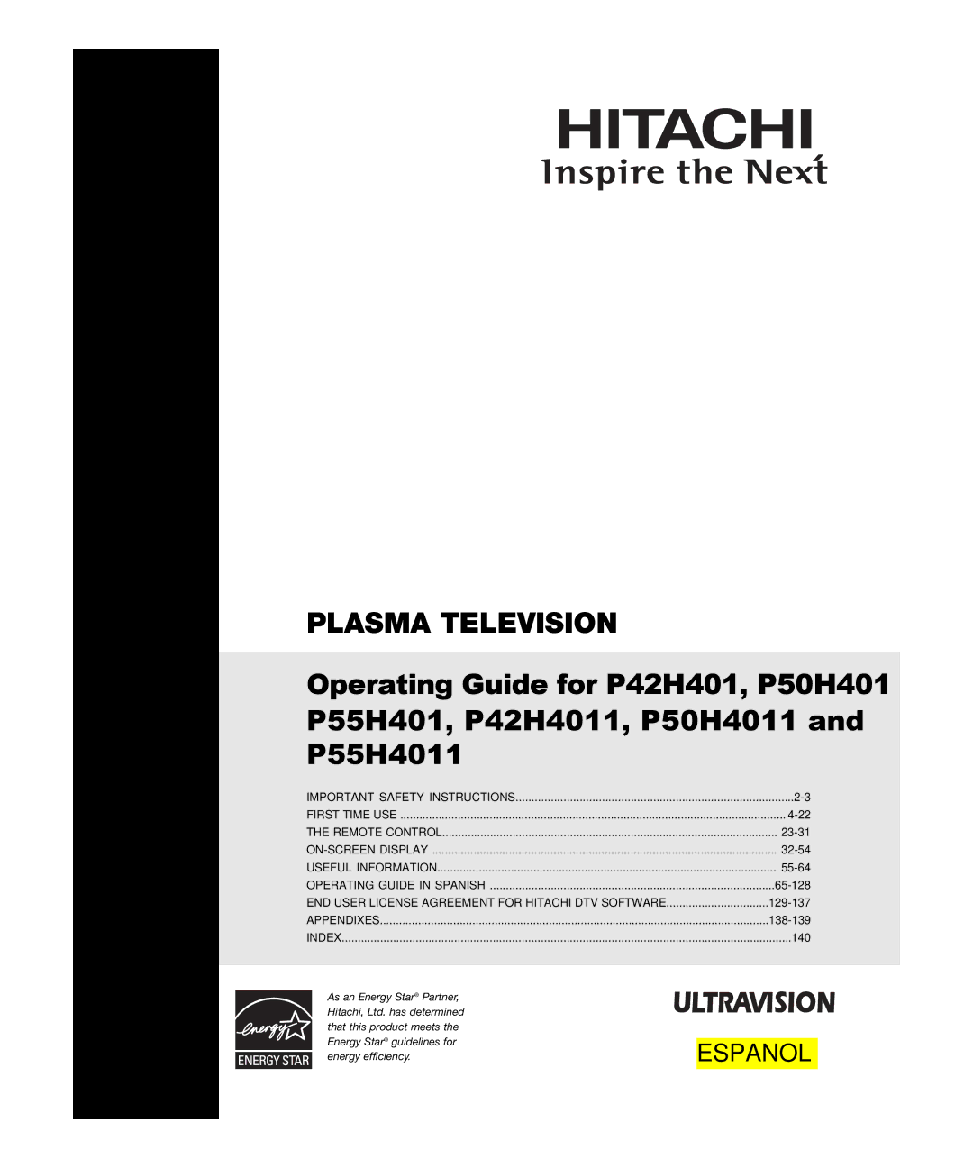 Hitachi P55H4011, P50H4011 important safety instructions Plasma Television 