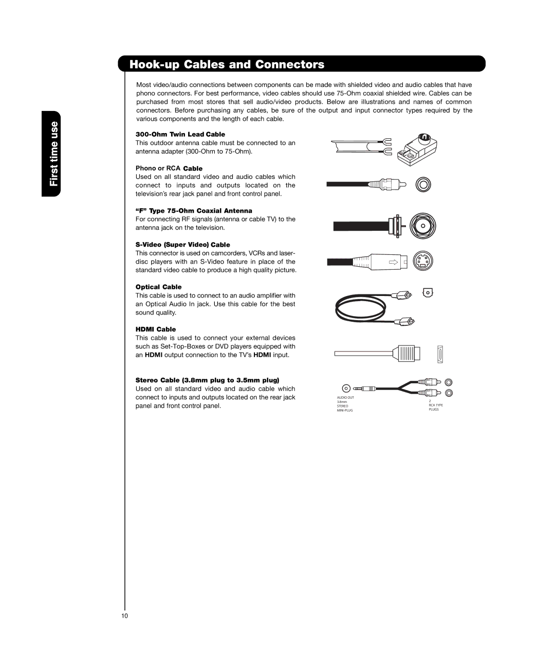 Hitachi P50H4011, P55H4011 important safety instructions Hook-up Cables and Connectors 