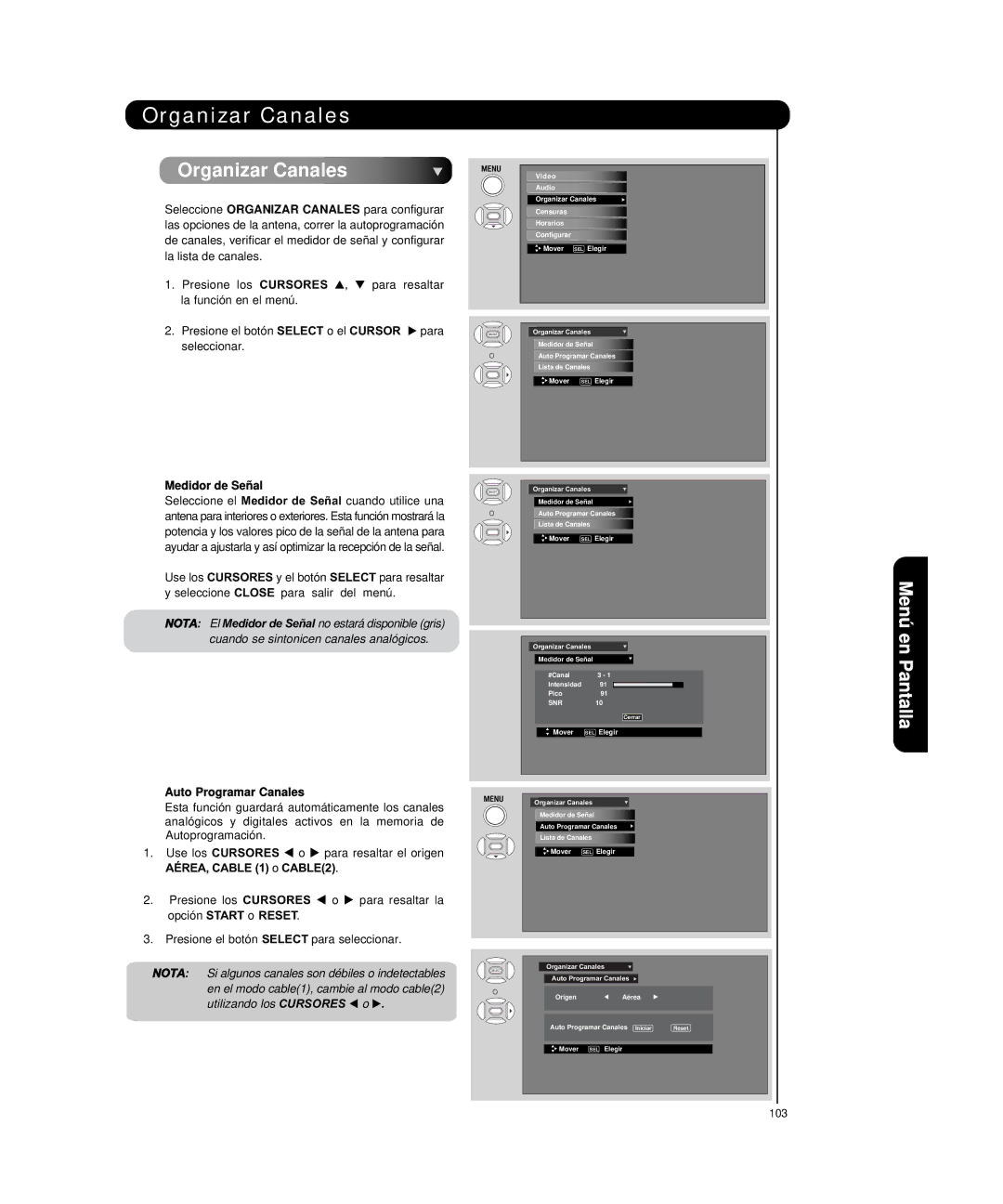 Hitachi P55H4011, P50H4011 Organizar Canales, Medidor de Señal, Auto Programar Canales, AÉREA, Cable 1 o CABLE2 