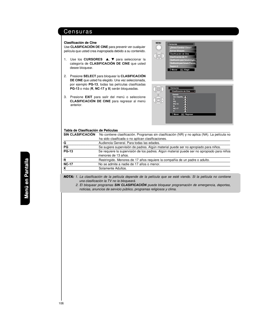 Hitachi P50H4011, P55H4011 Clasificación de Cine, Tabla de Clasificación de Películas, PG-13, NC-17 