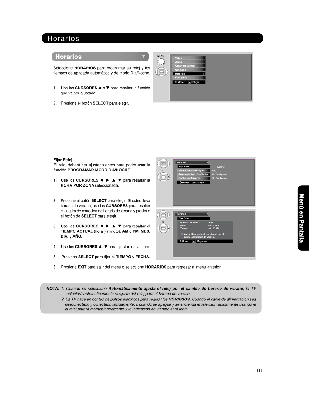 Hitachi P55H4011, P50H4011 important safety instructions Horarios, Fijar Reloj, DIA, y AÑO 