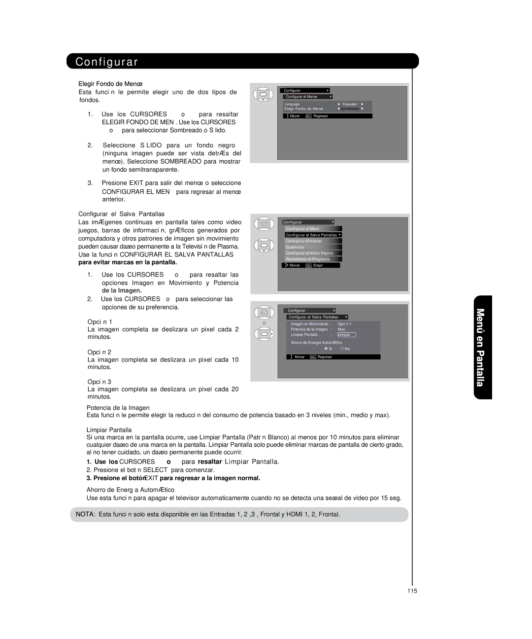 Hitachi P55H4011 Elegir Fondo de Menú, Elegir Fondo DE MENÚ. Use los Cursores, Configurar el Salva Pantallas, Opción 