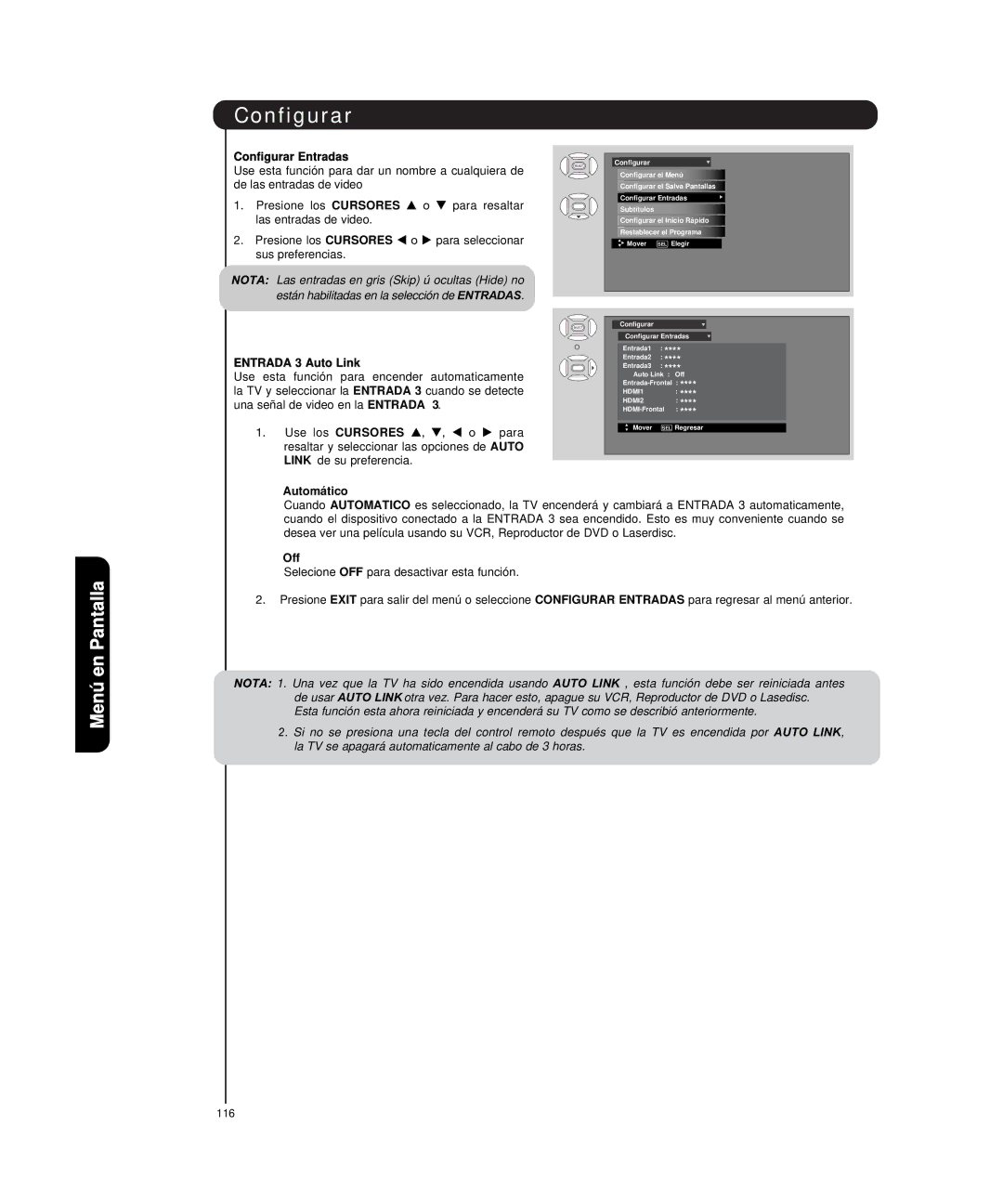 Hitachi P50H4011, P55H4011 important safety instructions Configurar Entradas, Entrada 3 Auto Link, Automático 