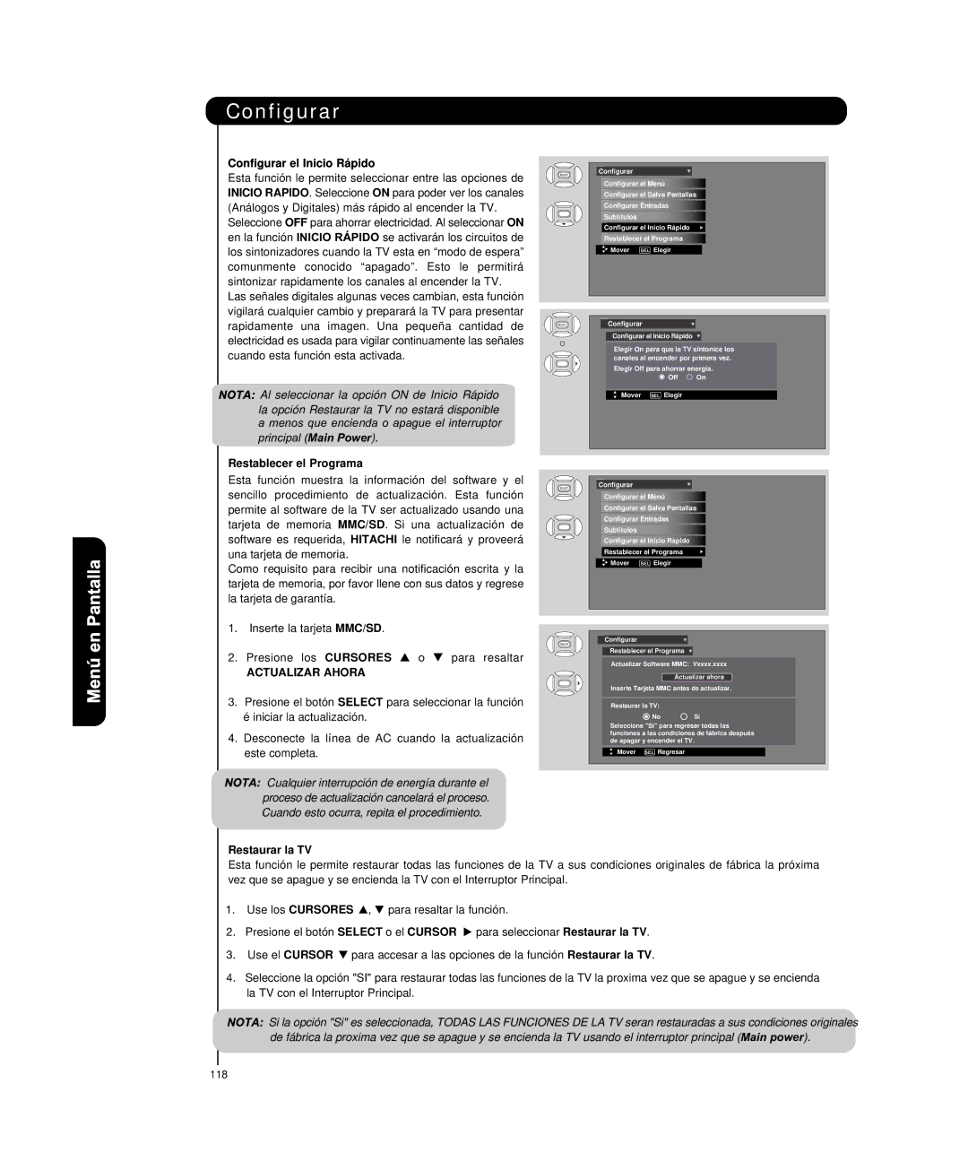 Hitachi P50H4011 Configurar el Inicio Rápido, Restablecer el Programa, Actualizar Ahora, Restaurar la TV, Use los Cursores 