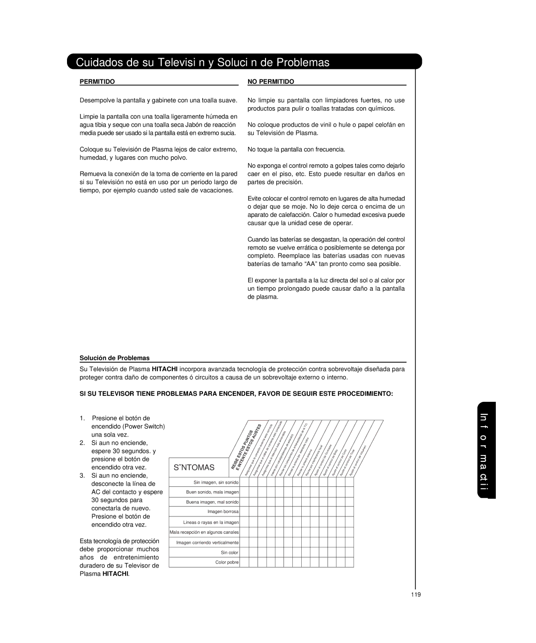 Hitachi P55H4011, P50H4011 Cuidados de su Televisión y Solución de Problemas, Permitido No Permitido 