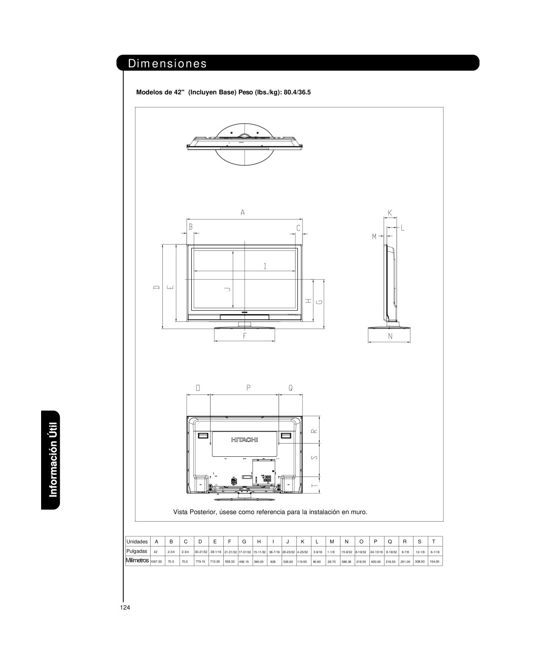 Hitachi P50H4011, P55H4011 important safety instructions Dimensiones, Modelos de 42 Incluyen Base Peso lbs./kg 80.4/36.5 