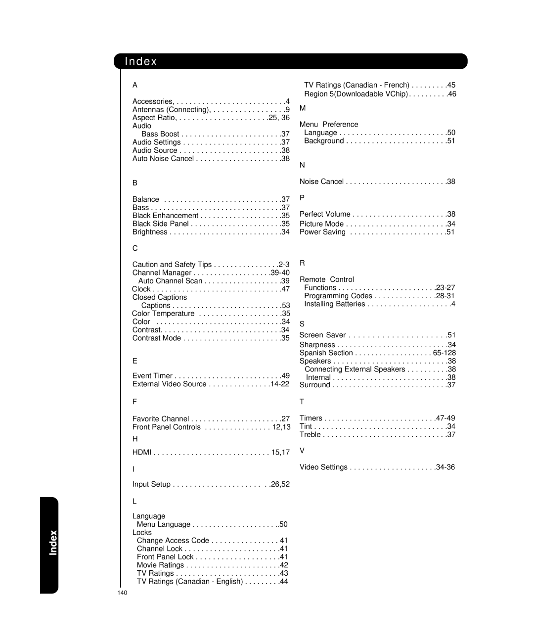 Hitachi P50H4011, P55H4011 important safety instructions Index 