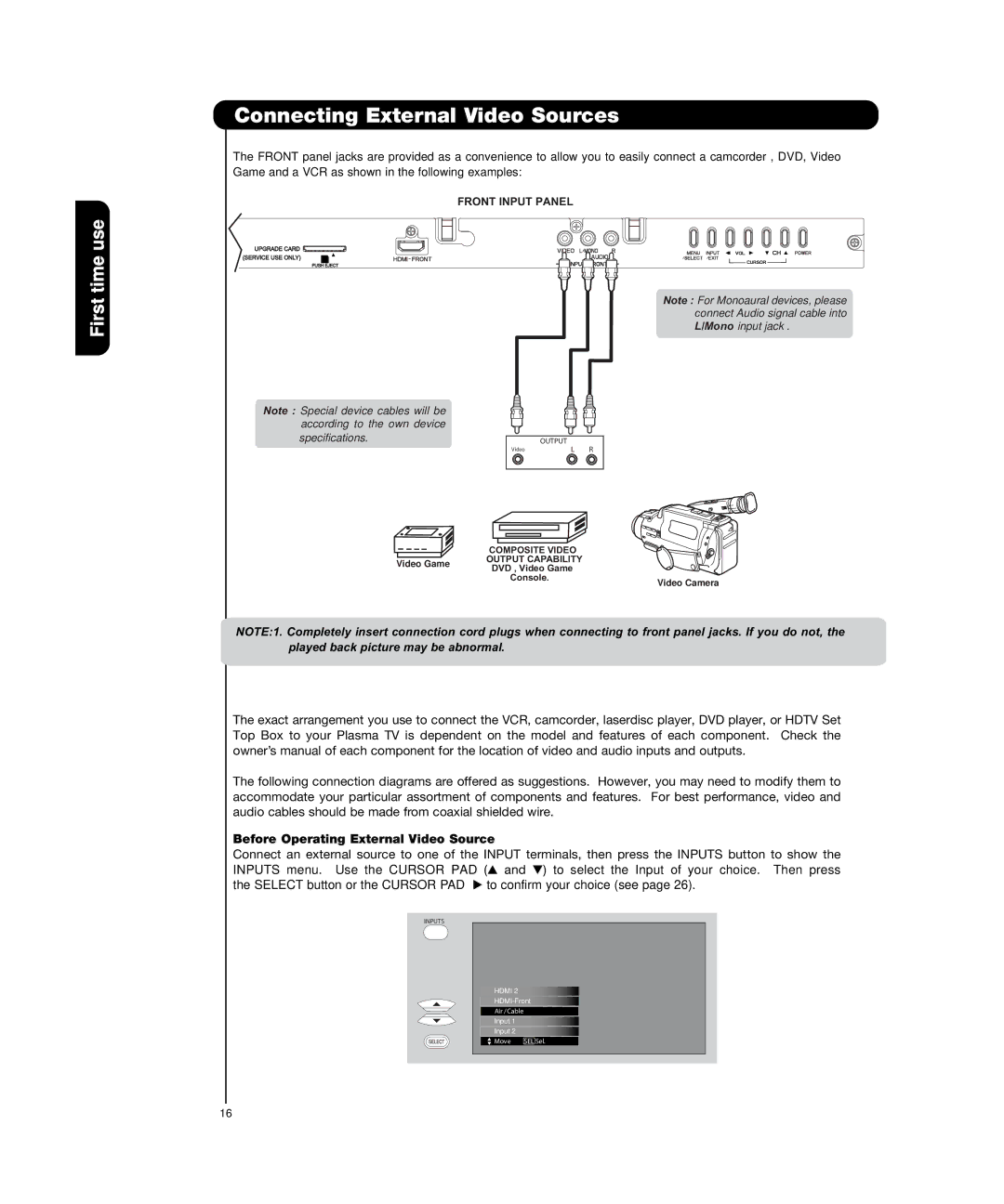 Hitachi P50H4011, P55H4011 important safety instructions Before Operating External Video Source 