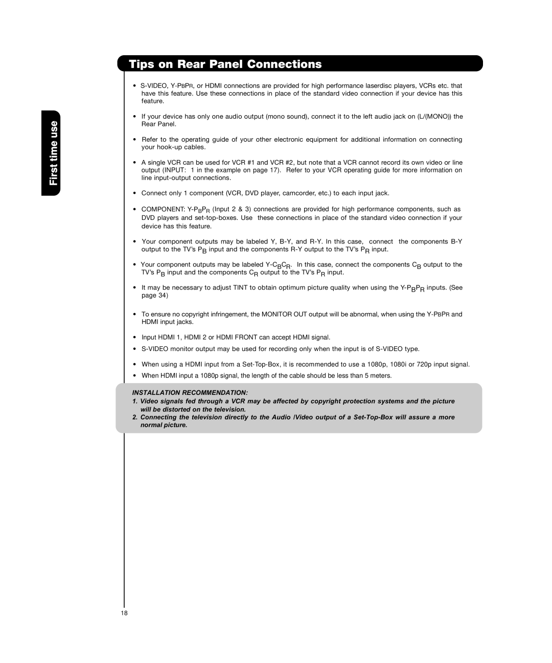 Hitachi P50H4011, P55H4011 important safety instructions Tips on Rear Panel Connections, Installation Recommendation 