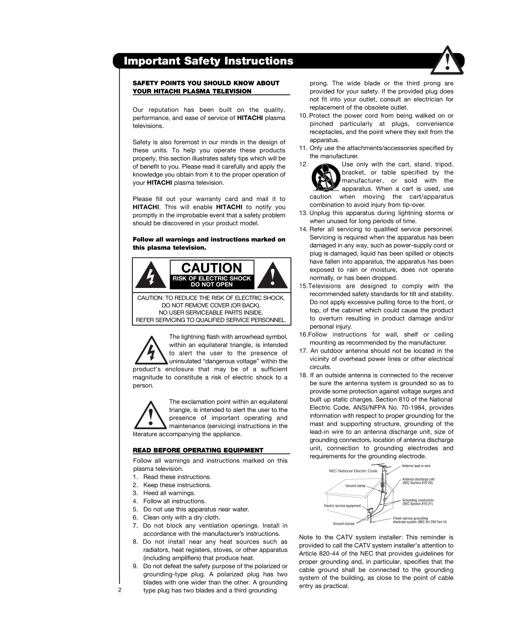 Hitachi P50H4011, P55H4011 important safety instructions Important Safety Instructions, Read Before Operating Equipment 