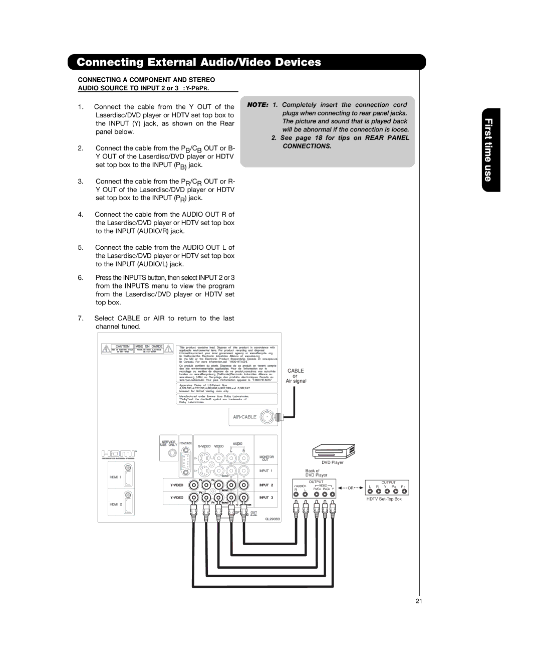 Hitachi P55H4011, P50H4011 important safety instructions Connecting External Audio/Video Devices 