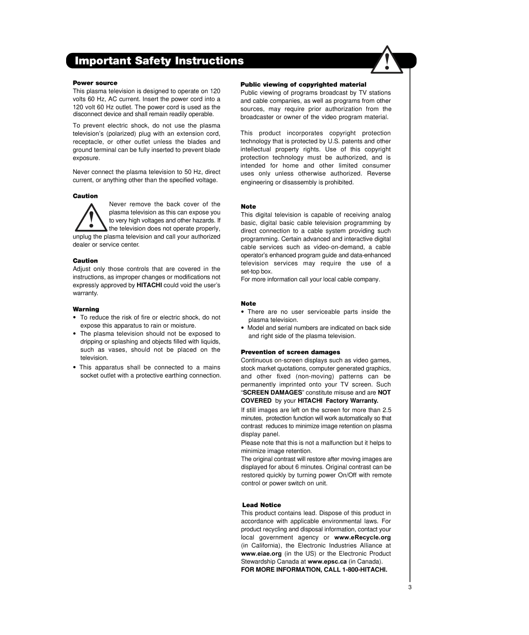 Hitachi P55H4011, P50H4011 important safety instructions For More INFORMATION, Call 1-800-HITACHI 