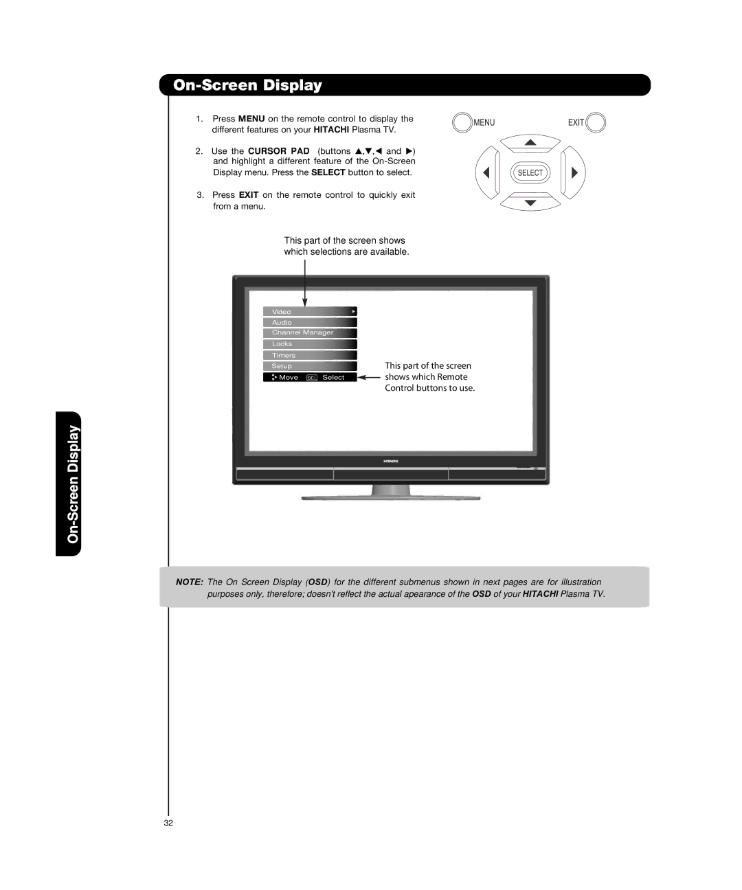 Hitachi P50H4011, P55H4011 important safety instructions On-Screen Display 