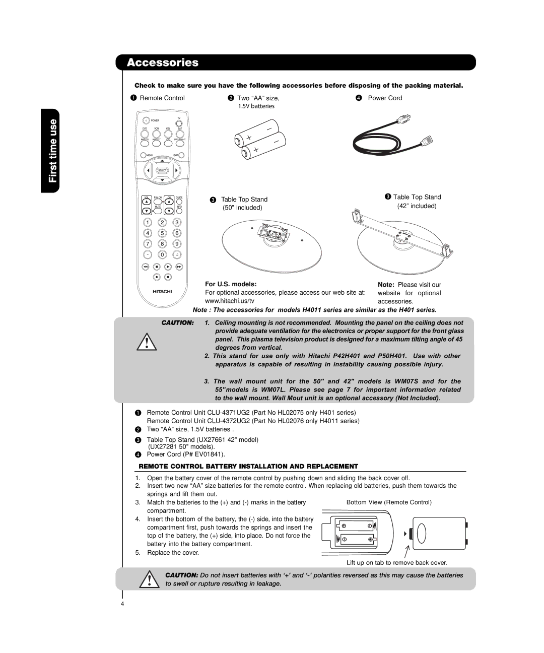 Hitachi P50H4011, P55H4011 Accessories, For U.S. models, Remote Control Battery Installation and Replacement 