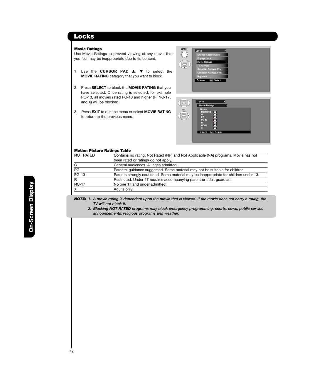 Hitachi P50H4011, P55H4011 important safety instructions Movie Ratings, Motion Picture Ratings Table 