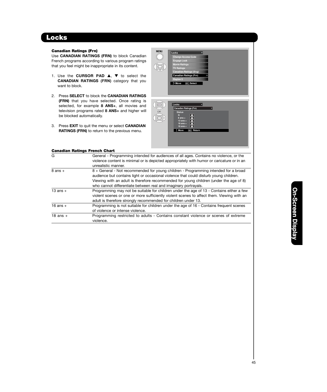 Hitachi P55H4011, P50H4011 important safety instructions Canadian Ratings FRN category that, Canadian Ratings French Chart 