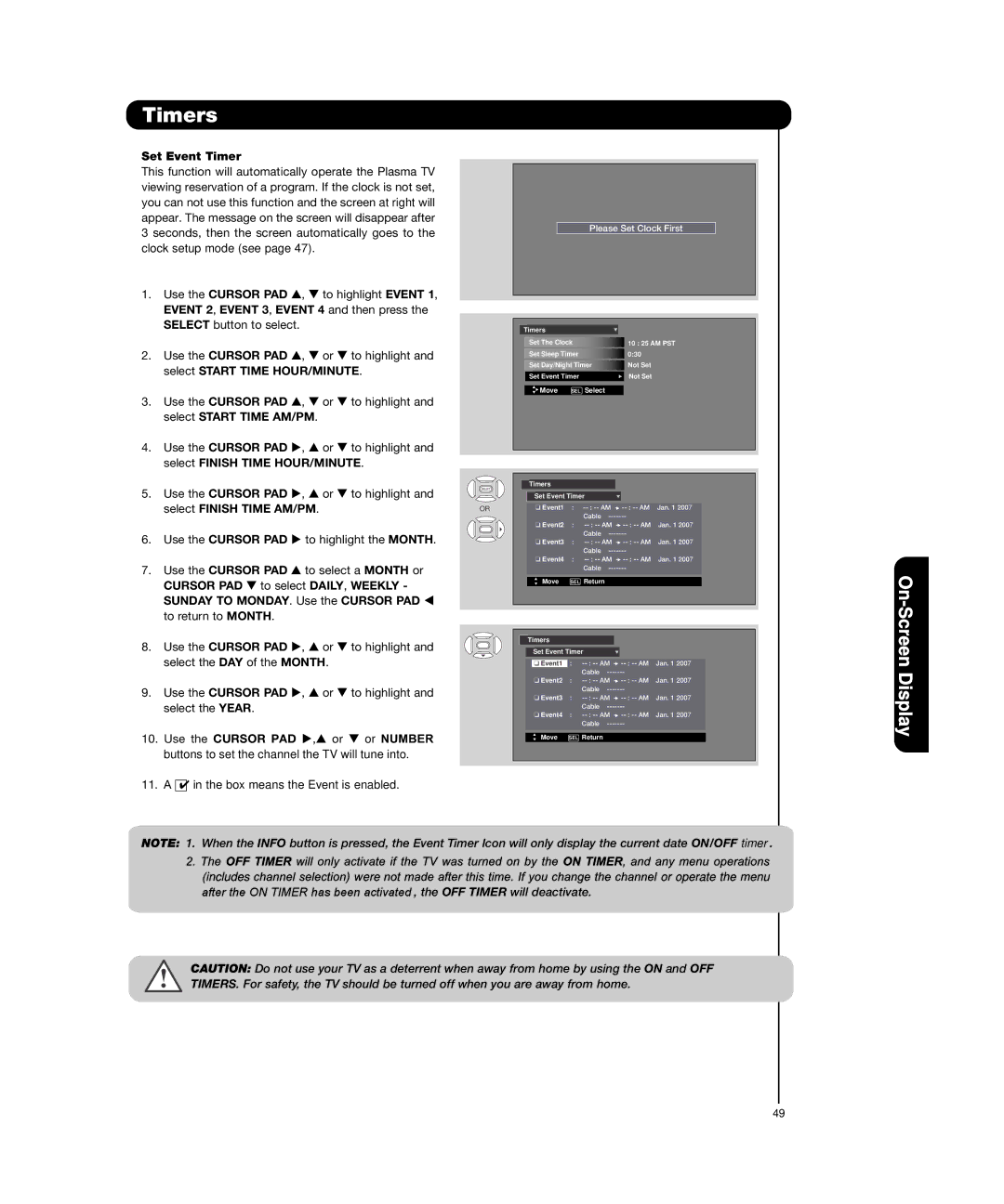 Hitachi P55H4011 Set Event Timer, Event 2, Event 3, Event 4 and then press, Select Start Time HOUR/MINUTE, Or Number 