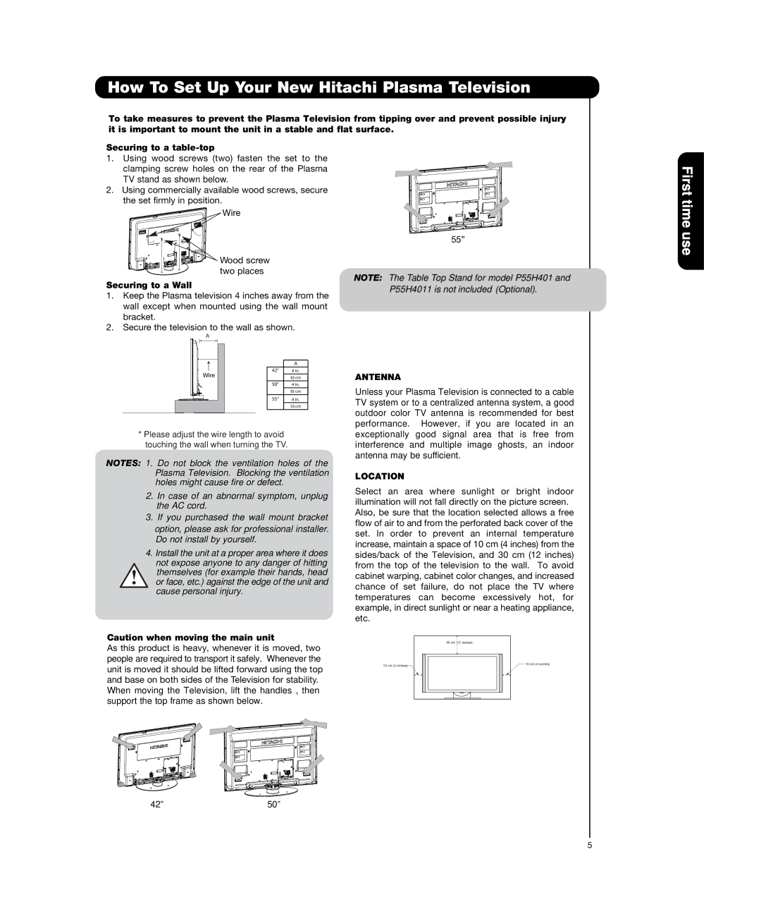 Hitachi P55H4011, P50H4011 How To Set Up Your New Hitachi Plasma Television, Securing to a Wall, Antenna, Location 