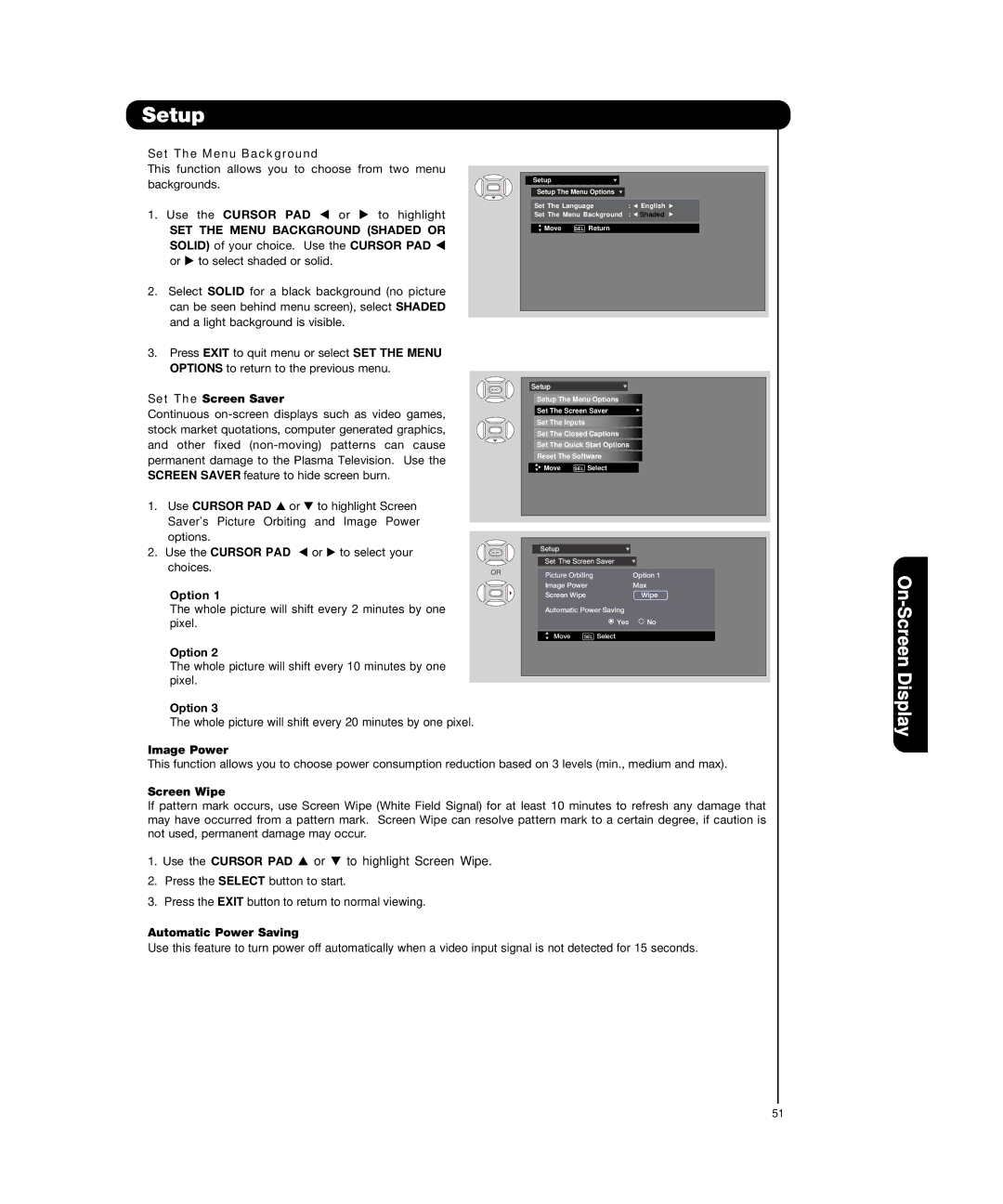 Hitachi P55H4011 Set The Menu Background, Set The Screen Saver, Use Cursor PAD or, Option, Image Power, Screen Wipe 