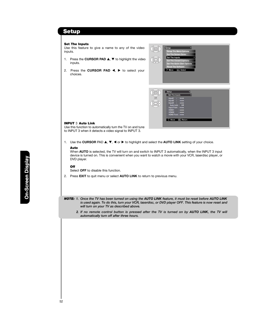 Hitachi P50H4011, P55H4011 important safety instructions Set The Inputs, Input 3 Auto Link, Off 