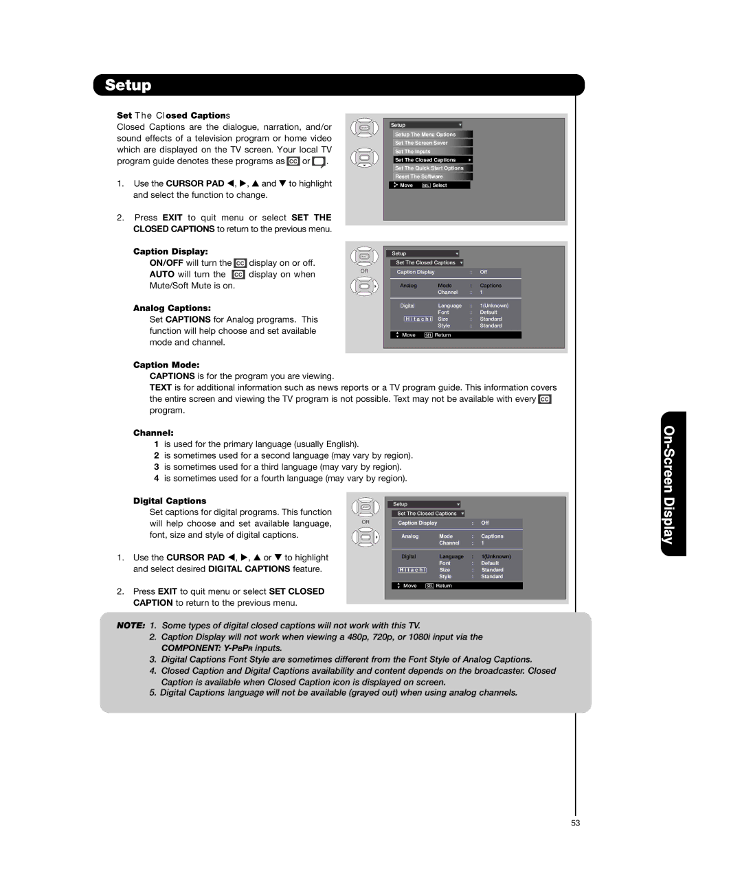 Hitachi P55H4011 Set The Closed Captions, Caption Display, Analog Captions, Caption Mode, Channel, Digital Captions 