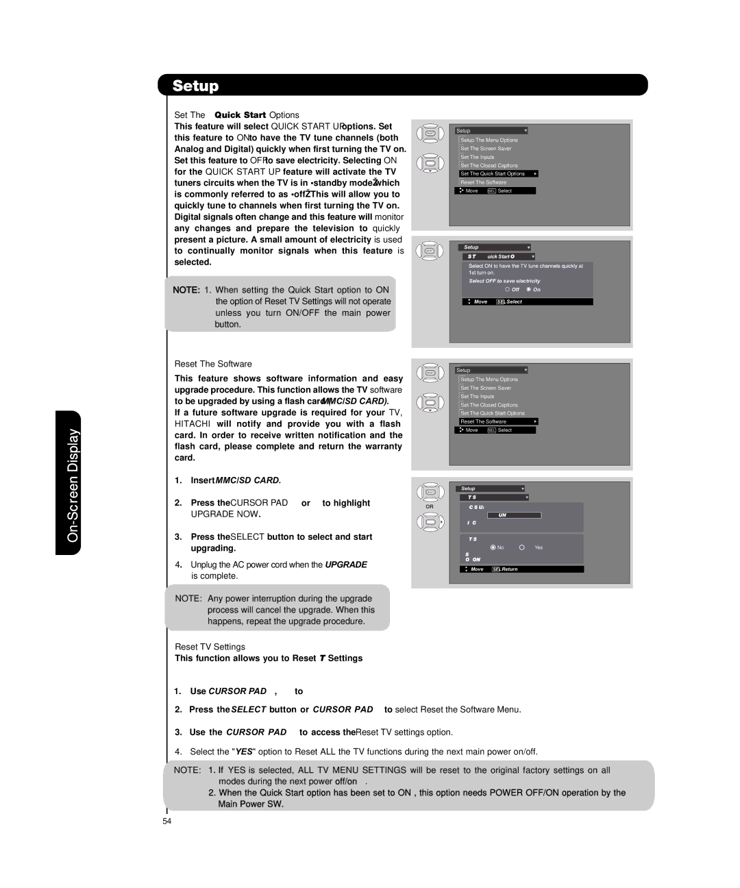 Hitachi P50H4011 Set The Quick Start Options, Reset The Software, Insert MMC/SD Card, Upgrade NOW, Reset TV Settings 