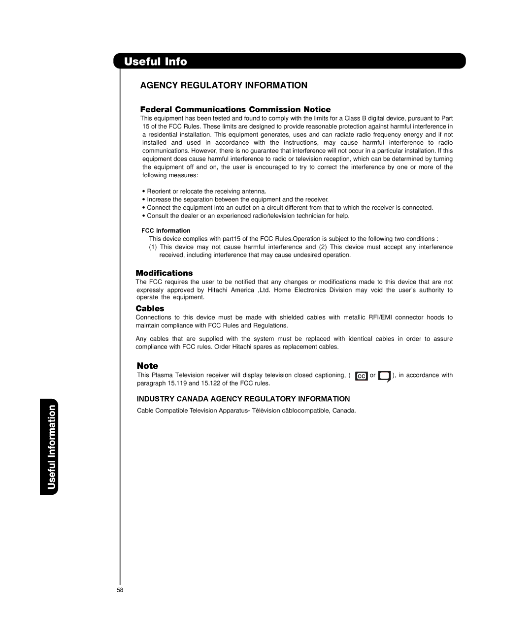 Hitachi P50H4011, P55H4011 important safety instructions Useful Info, FCC Information 