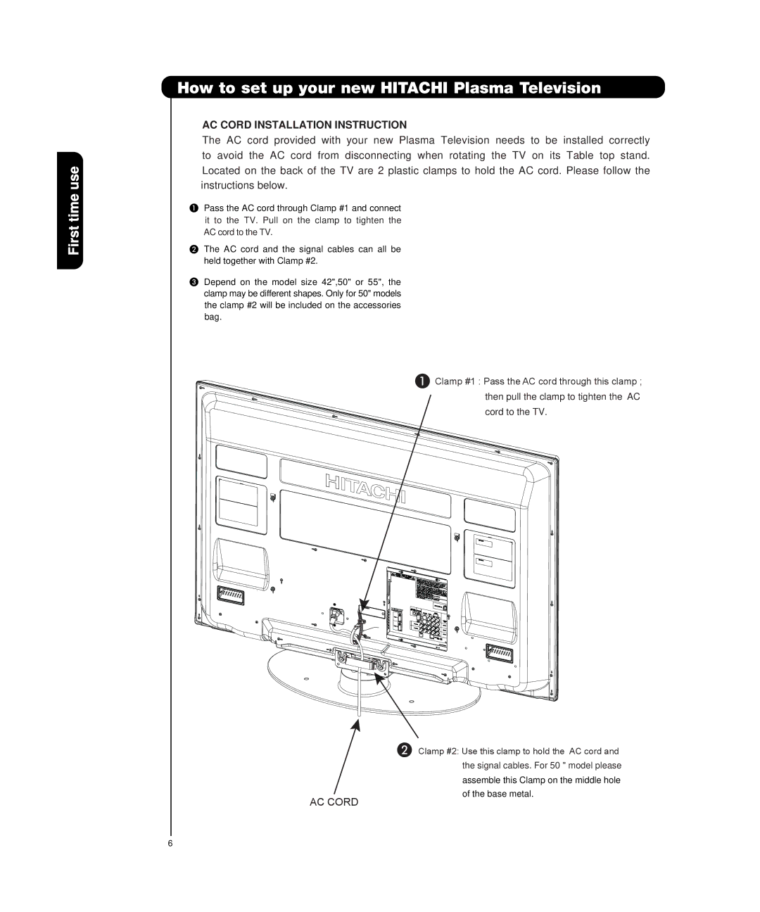 Hitachi P50H4011, P55H4011 important safety instructions AC Cord Installation Instruction 