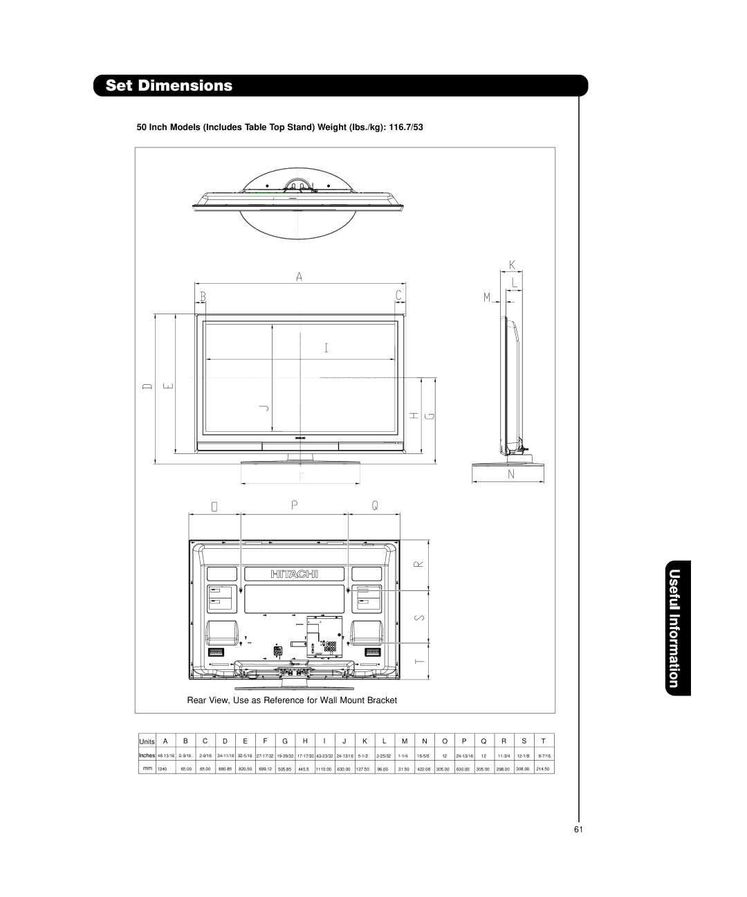 Hitachi P55H4011, P50H4011 important safety instructions Inch Models Includes Table Top Stand Weight lbs./kg 116.7/53 