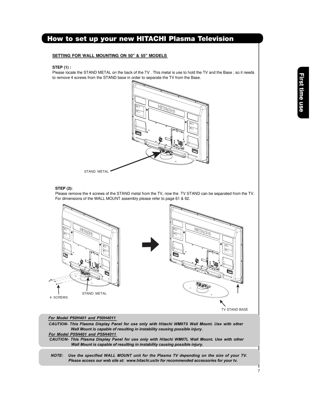 Hitachi P55H4011, P50H4011 important safety instructions Setting for Wall Mounting on 50 & 55 Models, Step 