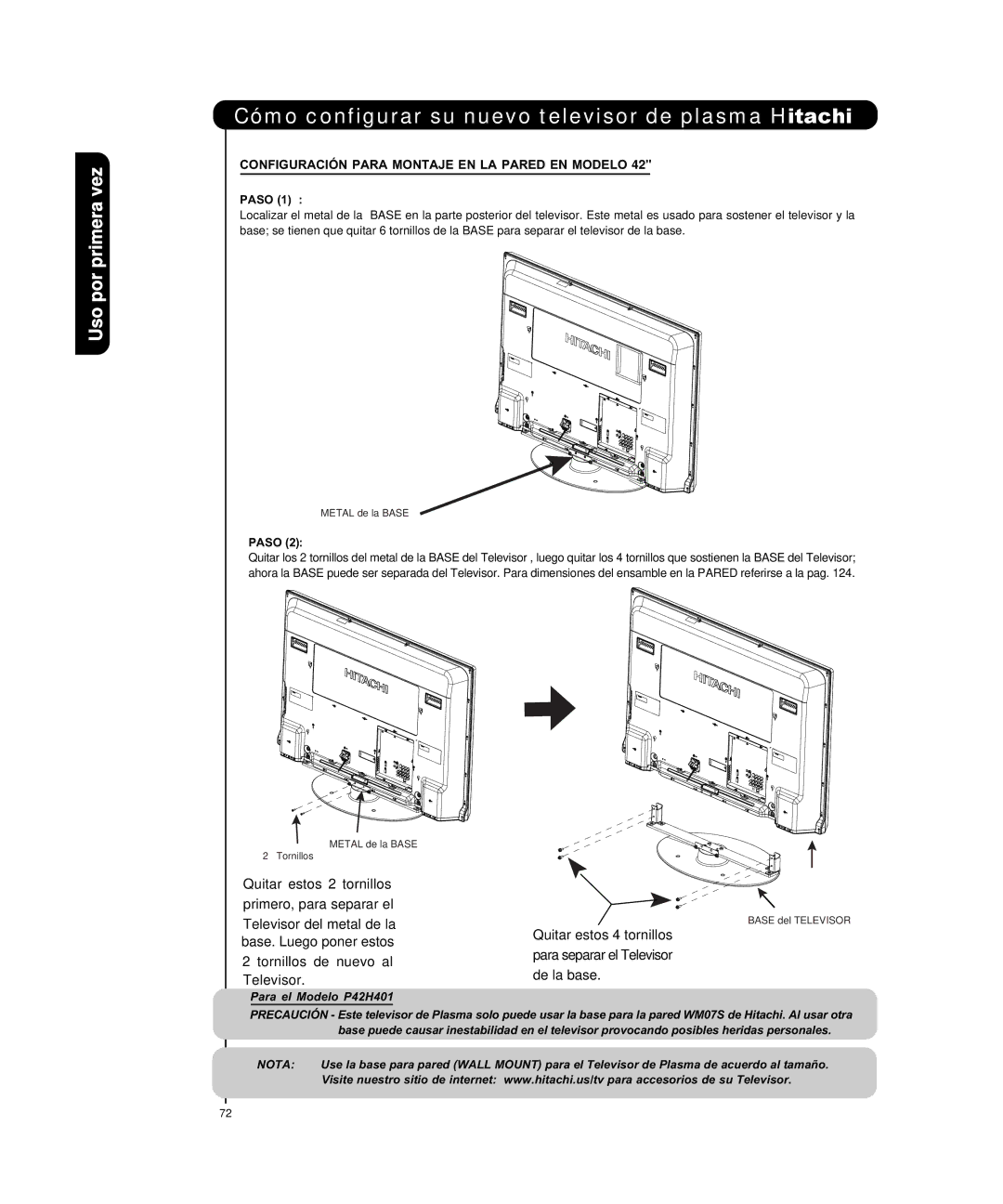 Hitachi P50H4011 Cómo configurar su nuevo televisor de plasma Hitachi, Configuración Para Montaje EN LA Pared EN Modelo 