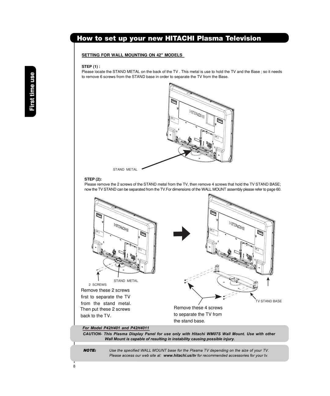 Hitachi P50H4011, P55H4011 important safety instructions Remove these 2 screws First to separate the TV 