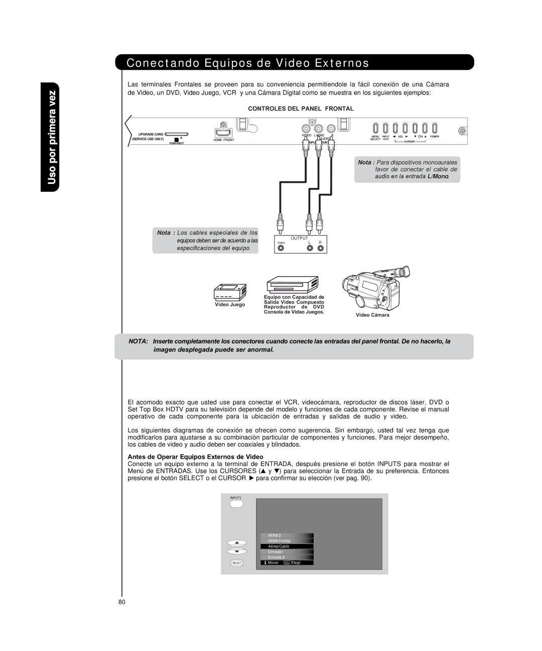 Hitachi P50H4011, P55H4011 important safety instructions Uso por, Antes de Operar Equipos Externos de Video 