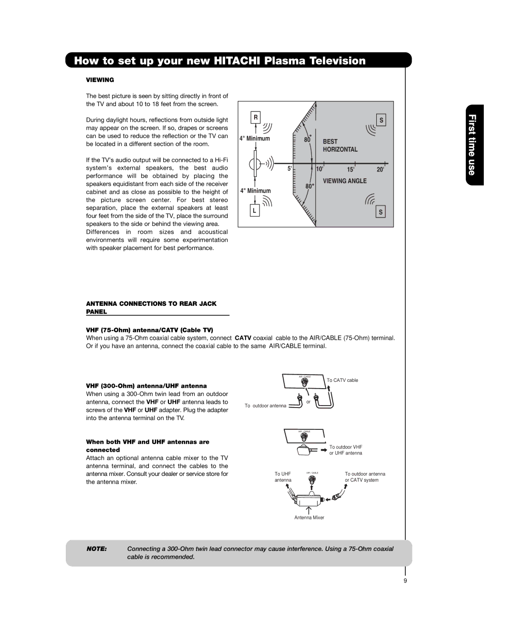 Hitachi P55H4011, P50H4011 important safety instructions Viewing, Antenna Connections to Rear Jack Panel 