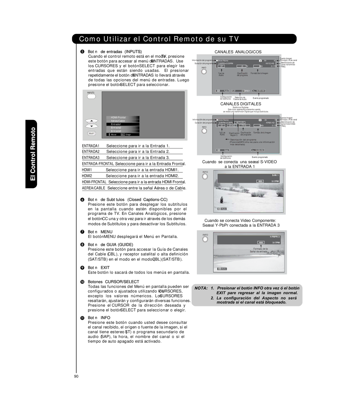 Hitachi P50H4011, P55H4011 important safety instructions Canales Analogicos, Canales Digitales 