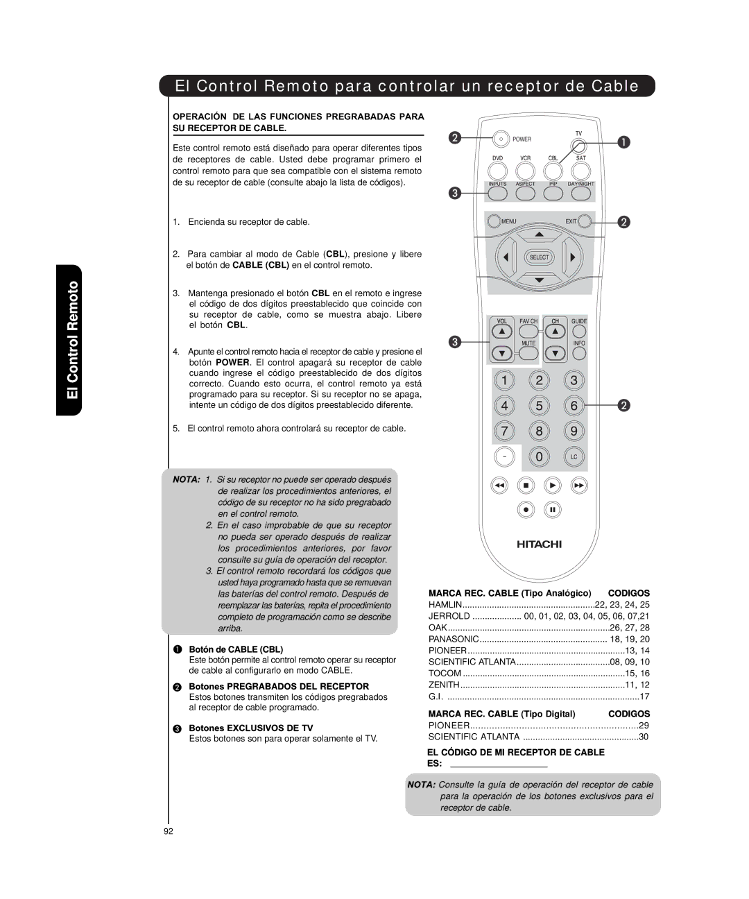 Hitachi P50H4011 El Control Remoto para controlar un receptor de Cable, Codigos, EL Código DE MI Receptor DE Cable 