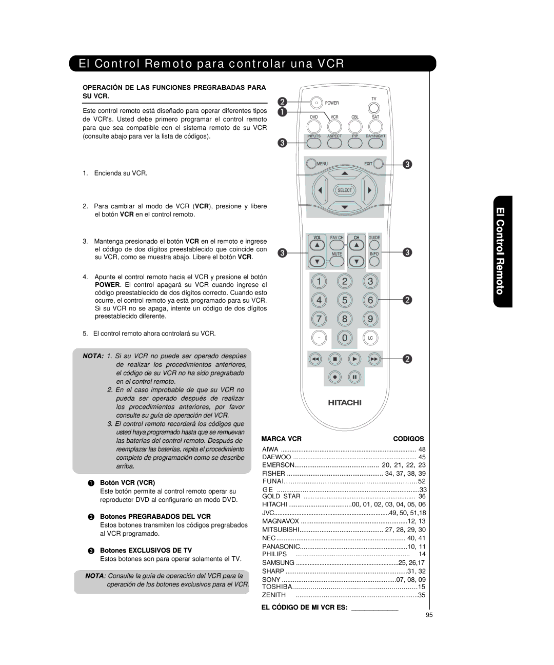 Hitachi P55H4011, P50H4011 El Control Remoto para controlar una VCR, Operación DE LAS Funciones Pregrabadas Para SU VCR 