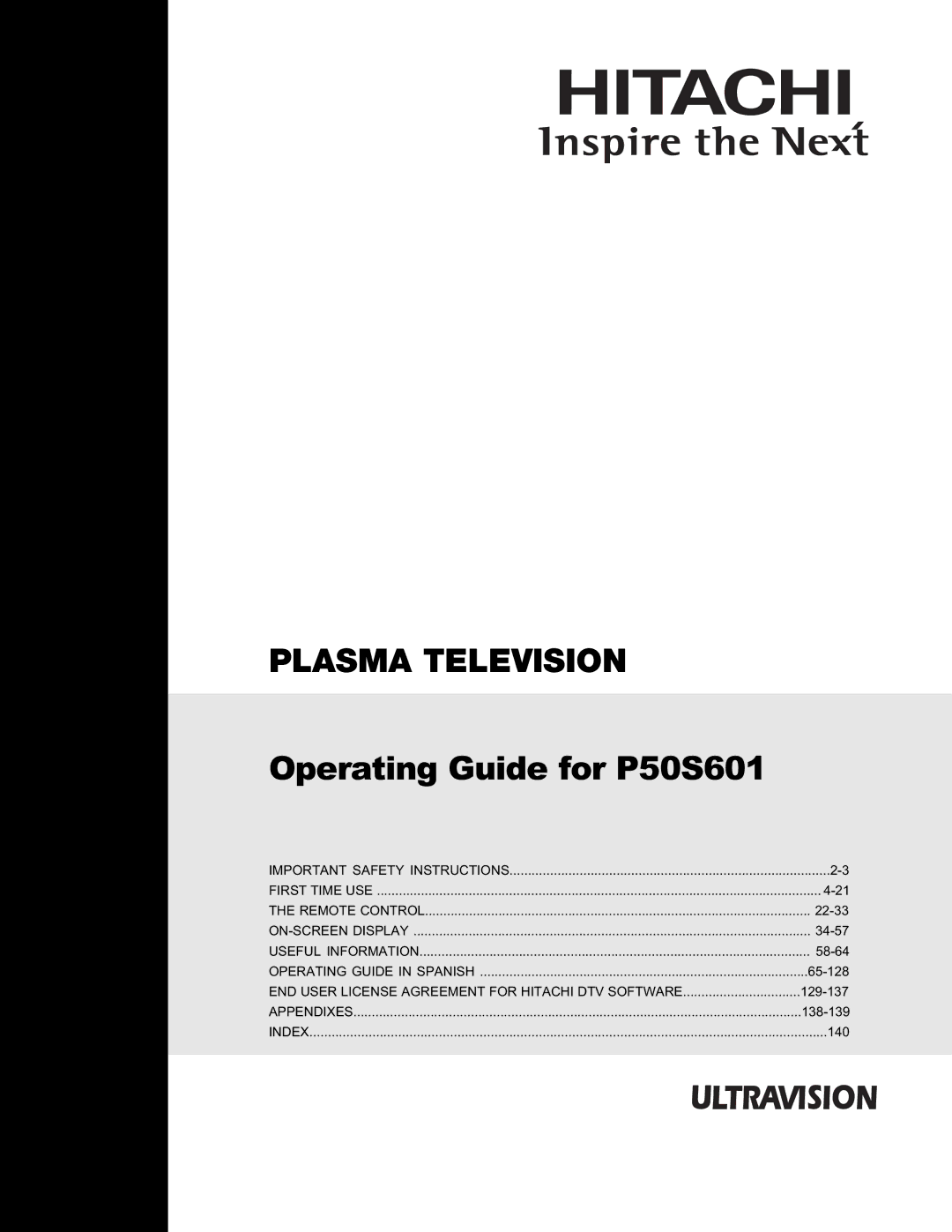 Hitachi P50S601 important safety instructions Plasma Television 